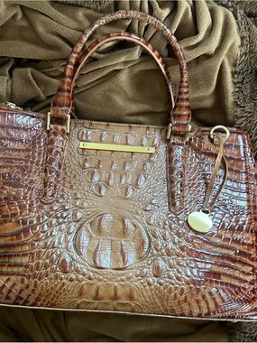 Croc-Embossed Leather Satchel in Rich Brown
